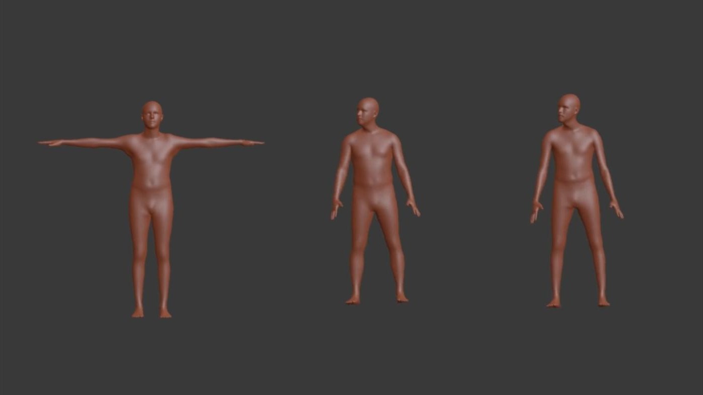 Shape and pose varied independently: one body from T-pose into two sampled poses