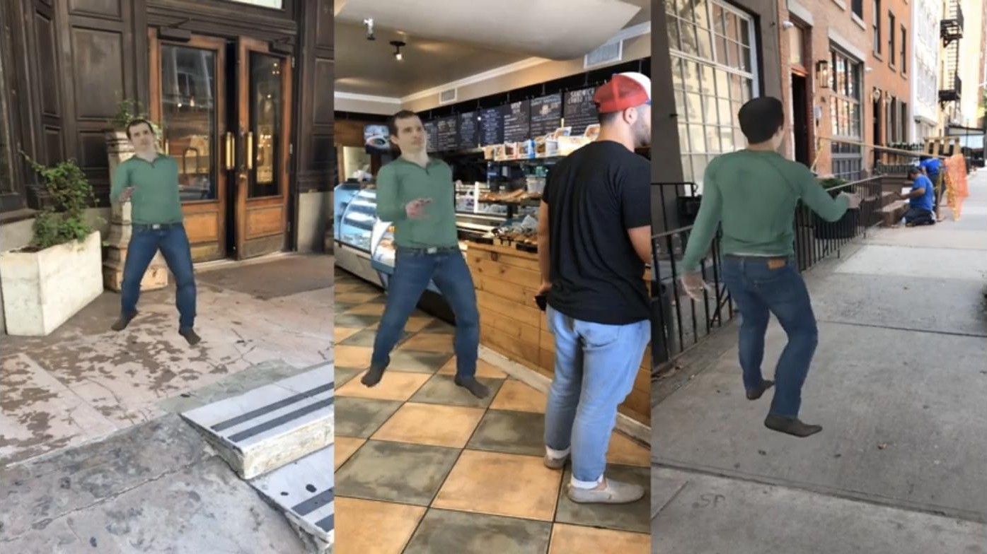 The same avatar animated and composited into captured street and shop scenes