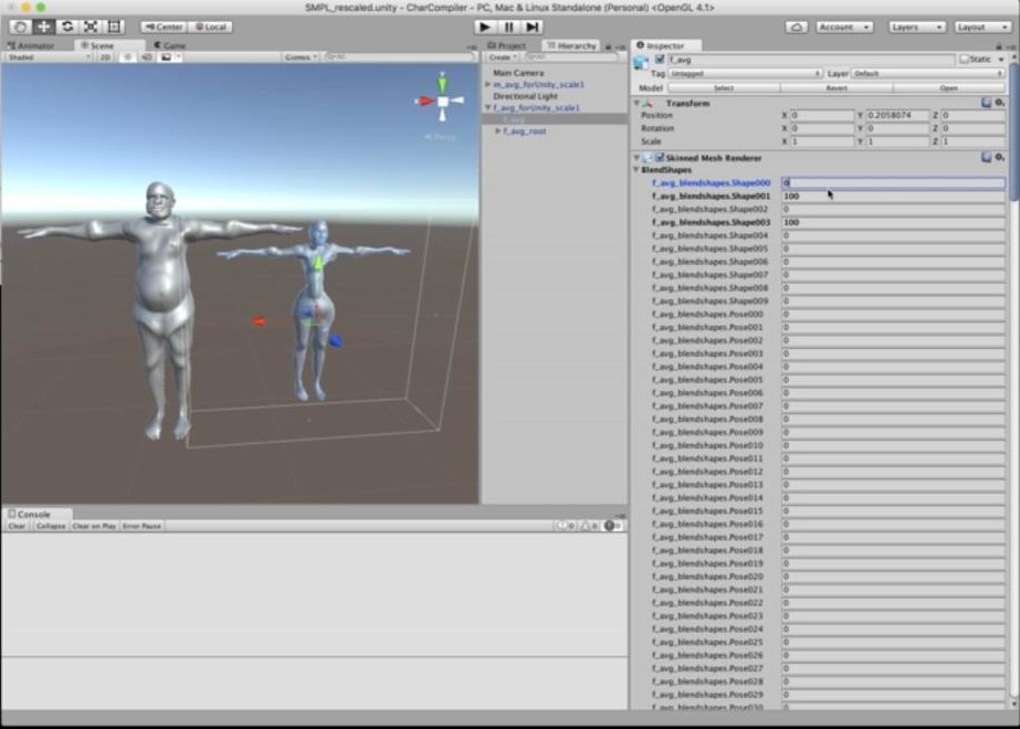 SMPL in Unity: shape and pose blendshapes on a skinned mesh