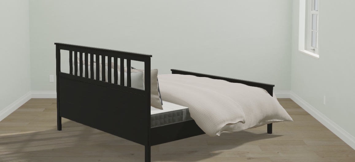 A dressed bed: frame, mattress and duvet set assembled in a room