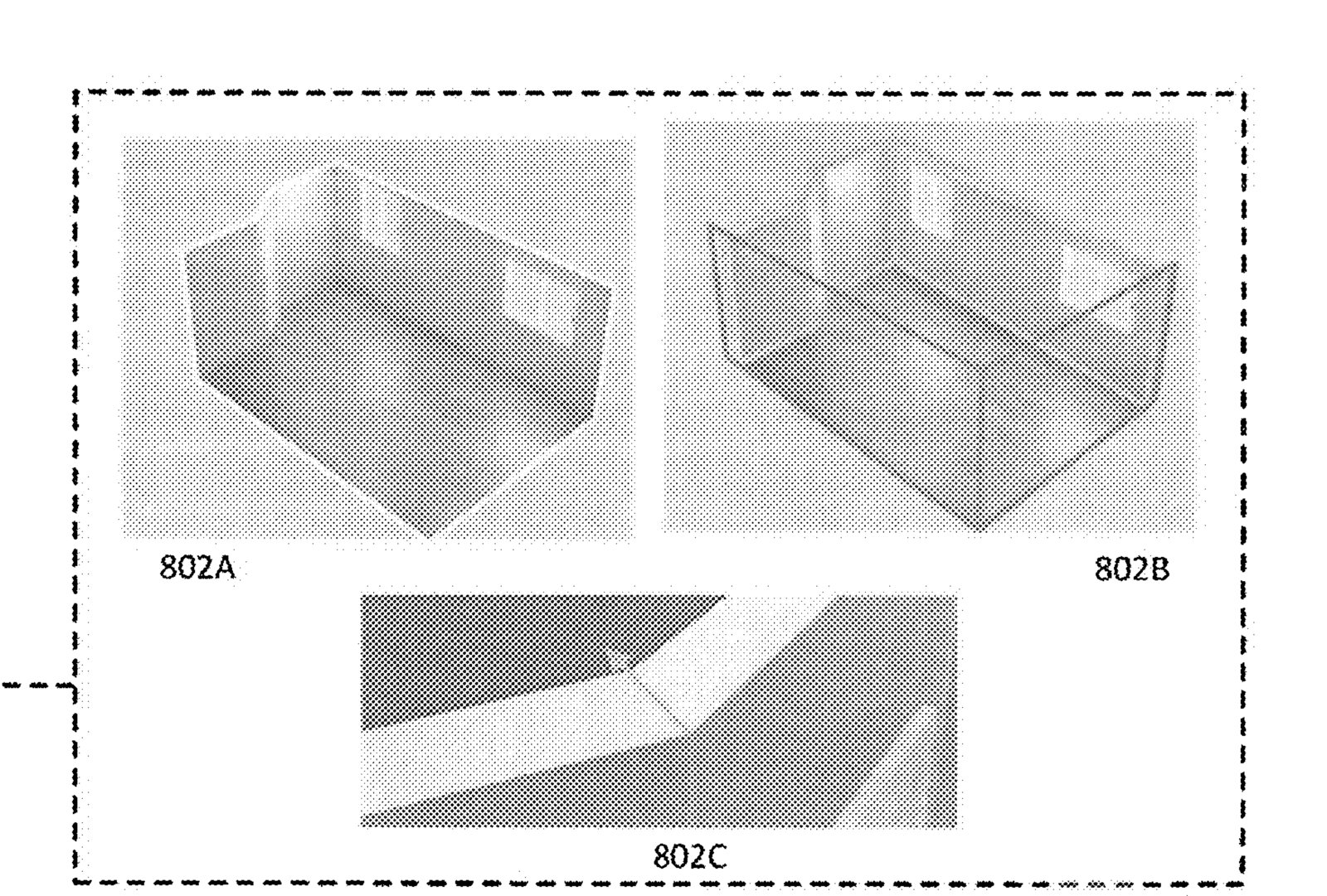 FIG. 8 of the application: the room model (802A), its planes (802B) and the extrusion (802C)